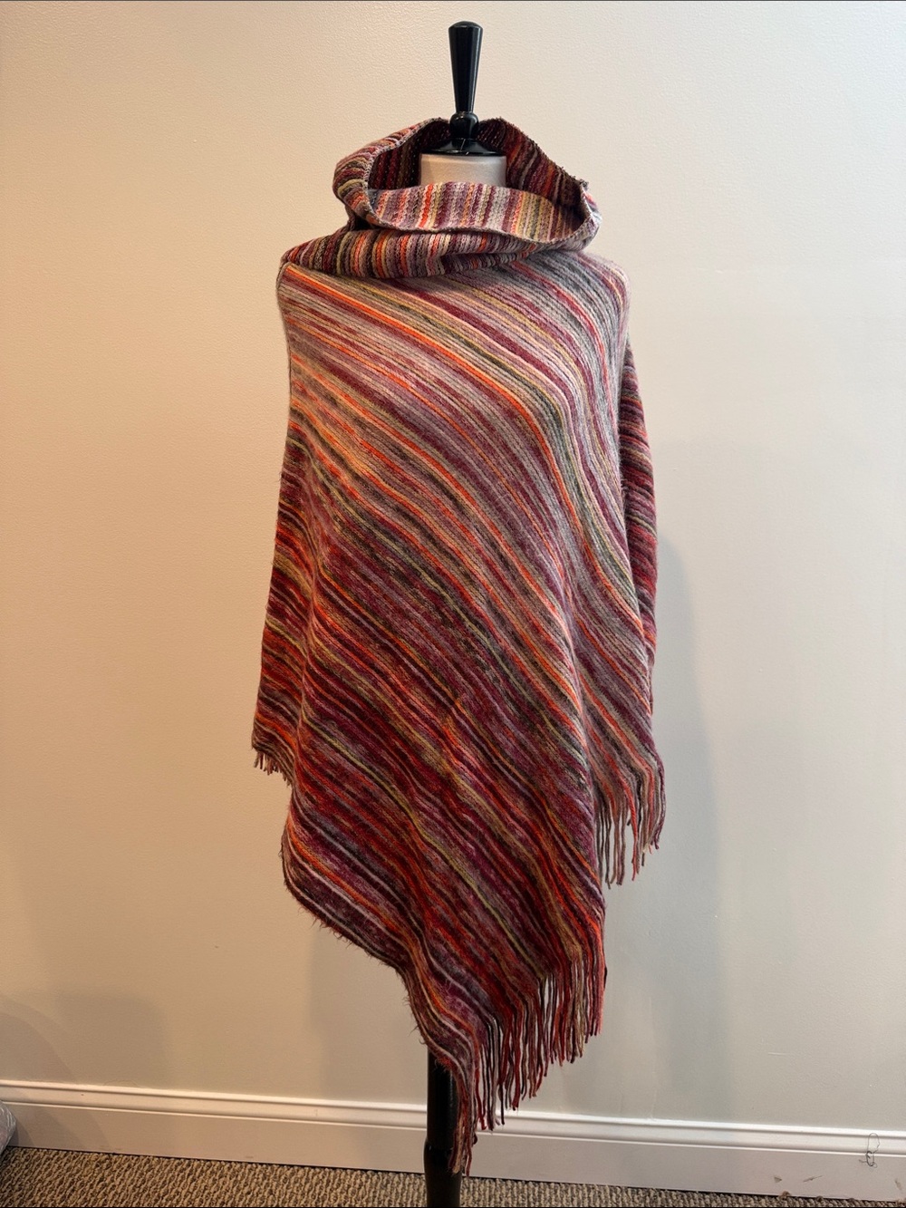 Do everything in love Multicolor Striped Fringe Poncho in Red and Orange Tones